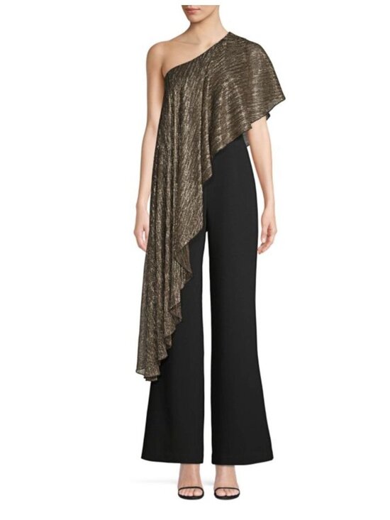 Trina Turk Eastern Luxe Koi Metallic One-Shoulder Jumpsuit Evening Gold Black 12 - Picture 1 of 16